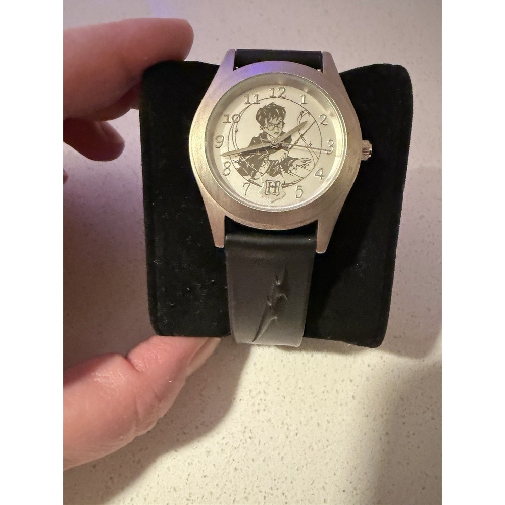 Vtg Harry Potter Watch Unisex 34mm Silver Tone Black Leather Band